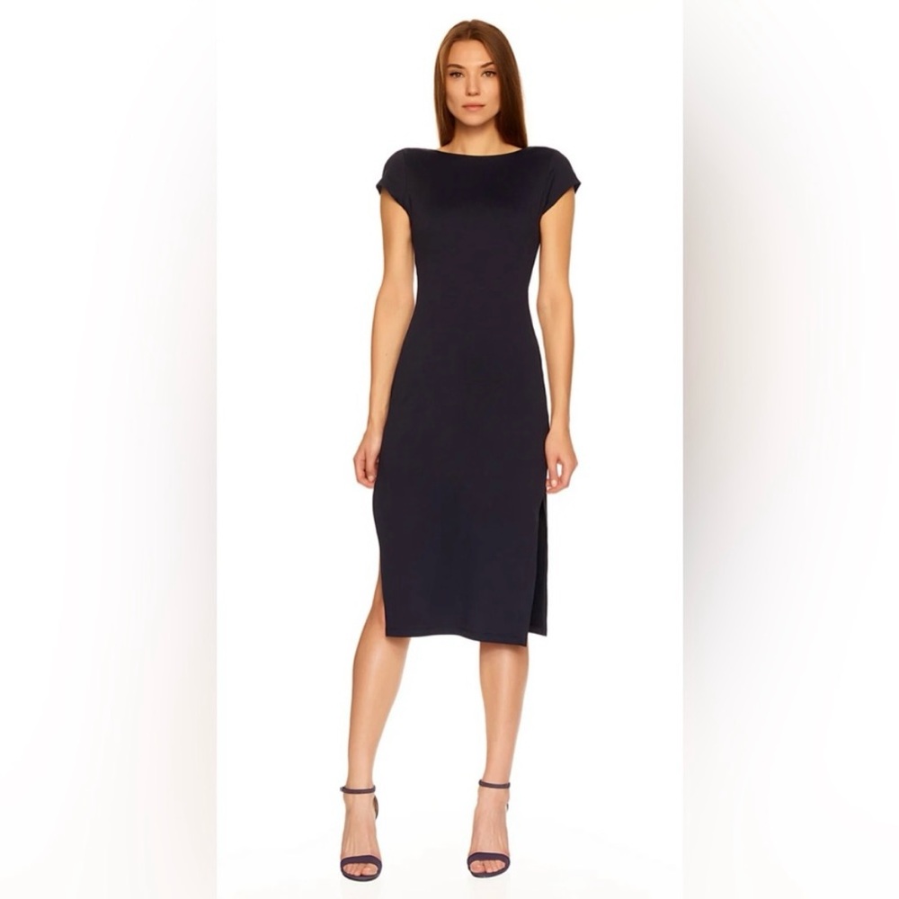 NWT SUSANA MONACO Black Short Sleeve Midi Dress Reversible Cut Twist Dbl Slit Lg